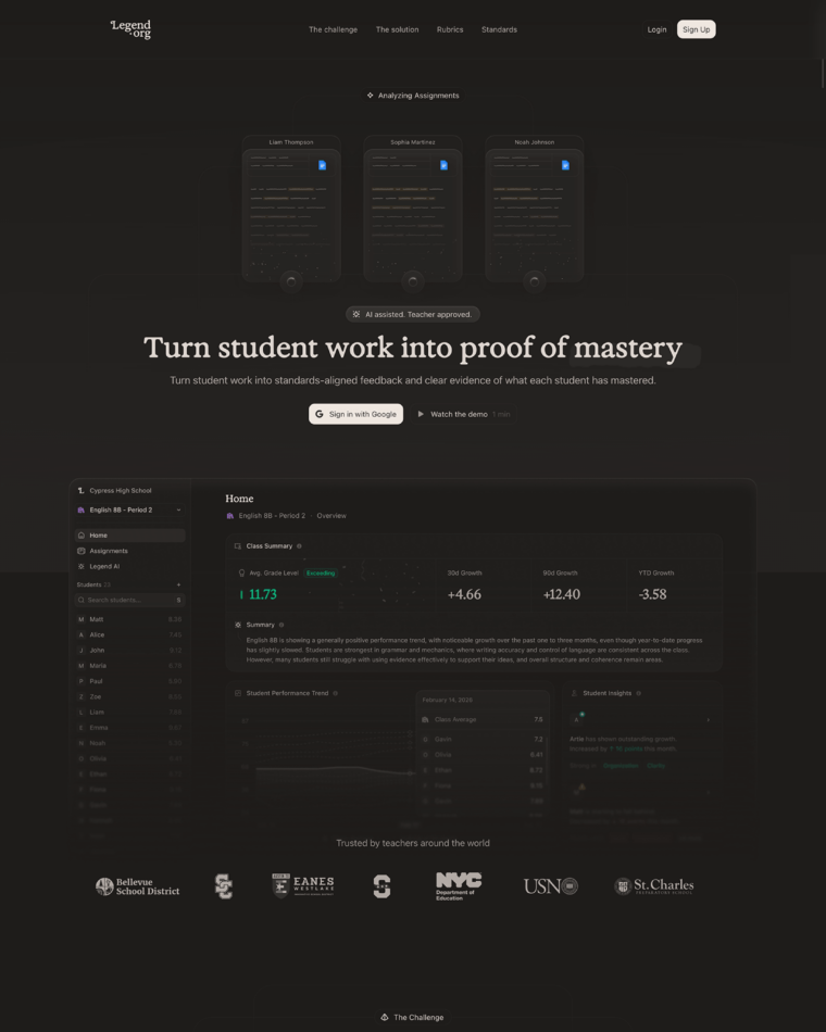 Legend landing page reference screenshot